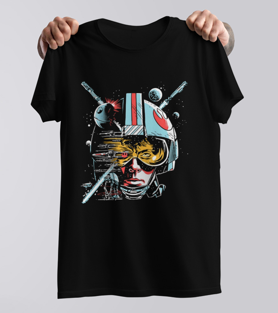 Luke Skywalker Helmet With Blaster And Planets T-Shirt