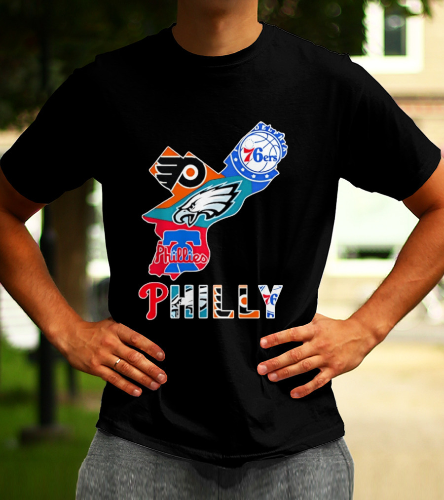 Philadelphia Flyers 76ers Eagles Phillies PHILLY Sports Logos State Map T-Shirt
