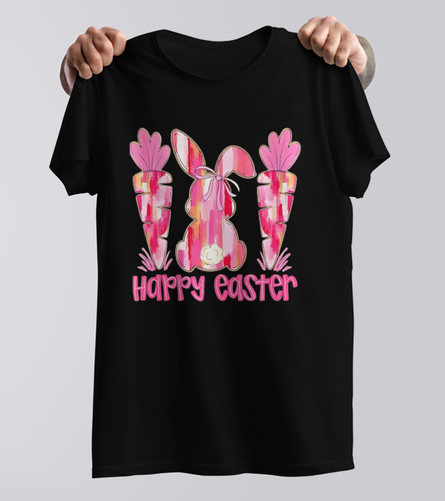 Pink Brushstroke Bunny Carrot Happy Easter T-Shirt