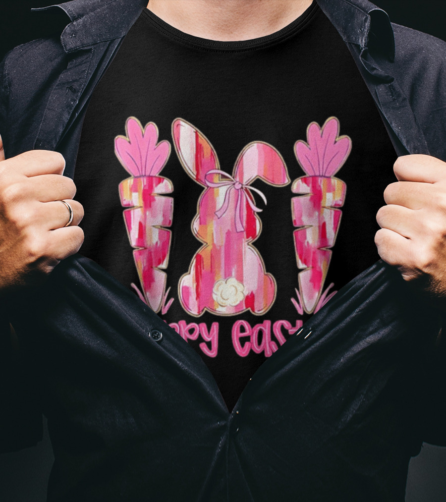 Pink Brushstroke Bunny Carrot Happy Easter T-Shirt