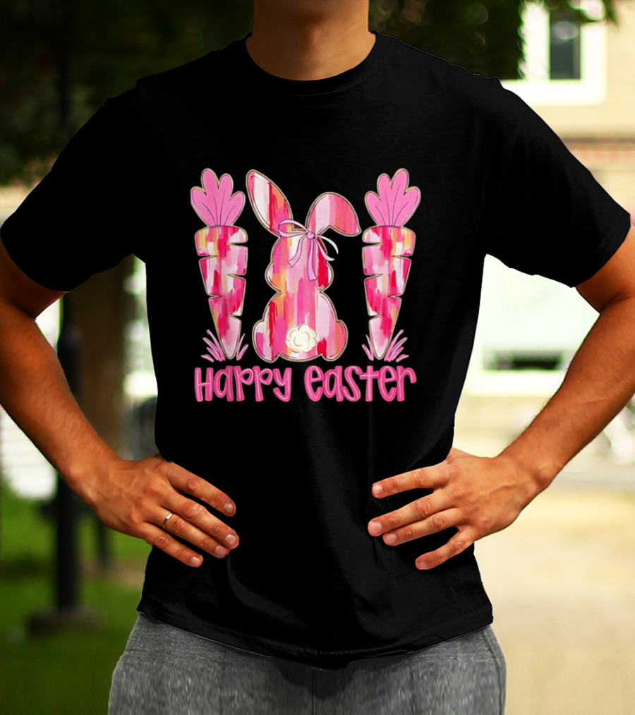 Pink Brushstroke Bunny Carrot Happy Easter T-Shirt