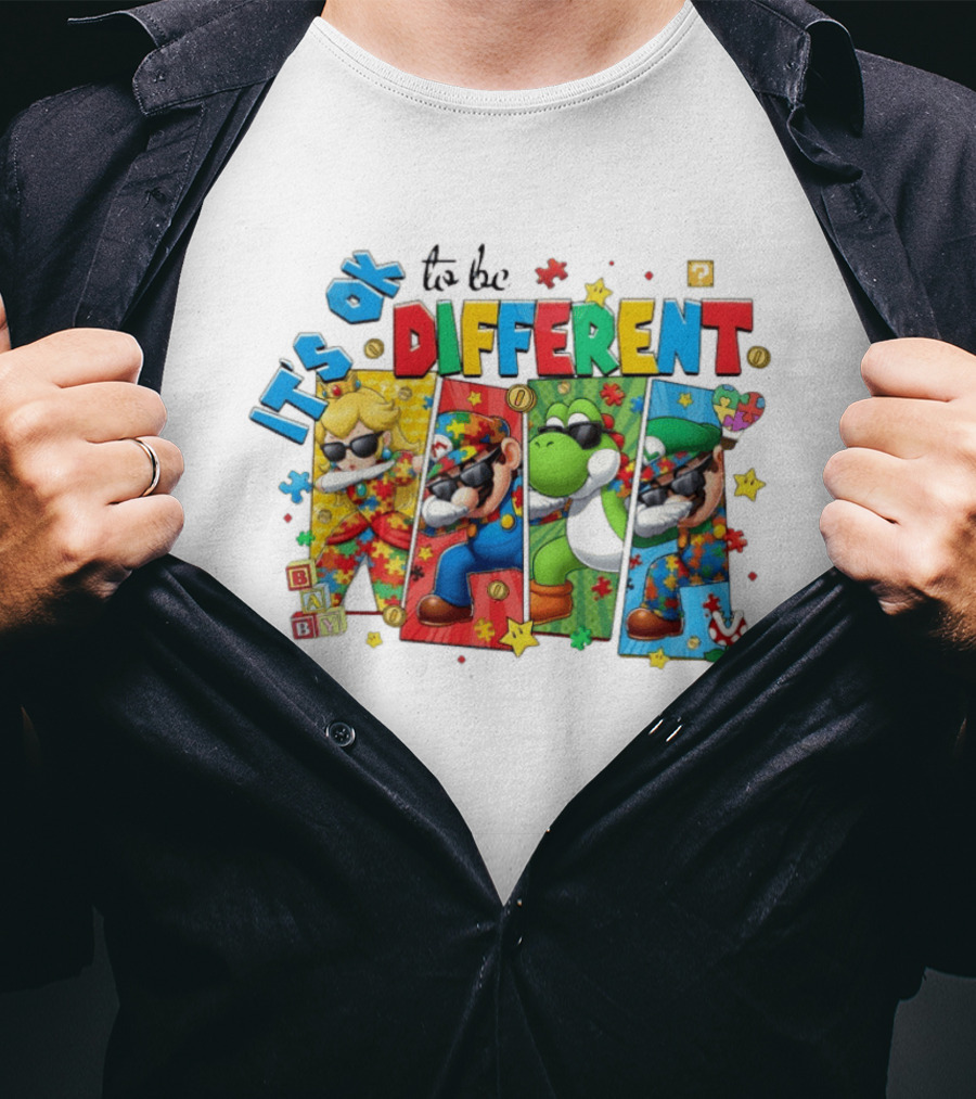 It's Okay To Be Different Mario Super Autism Characters Puzzle T-Shirt