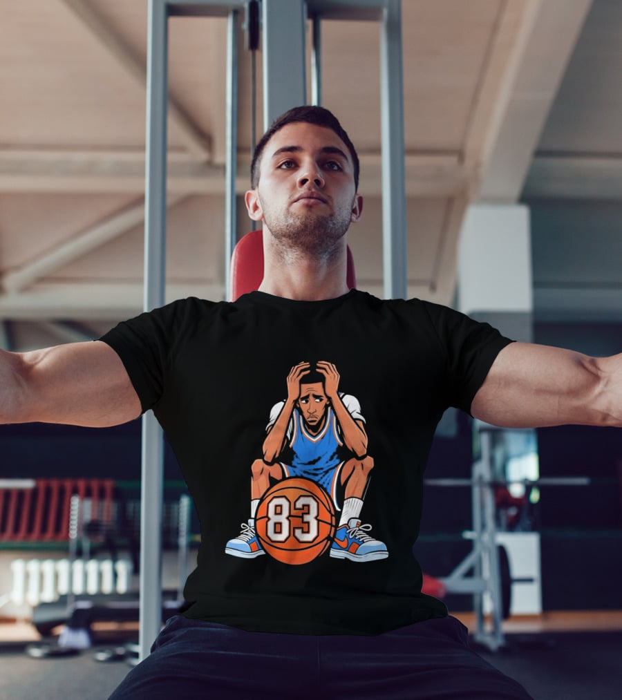 Basketball Player Caricature 83 Sitting Blue Orange Jersey Sneakers T-Shirt