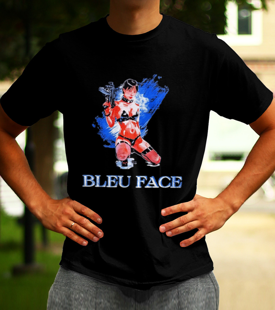 Bleu Face Anime Girl With Gun And Blue Brushstroke T-Shirt