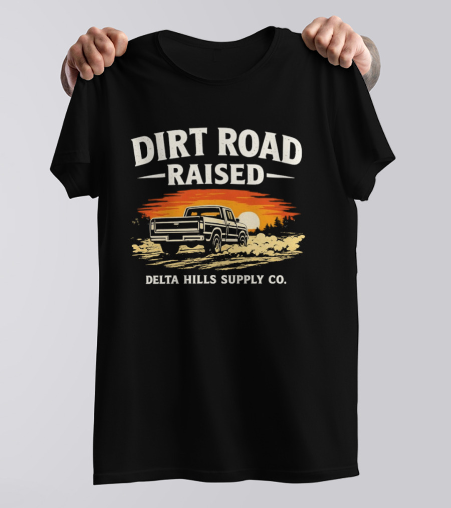 Dirt Road Raised Delta Hills Supply Co Vintage Pick Up Truck Sunset T-Shirt