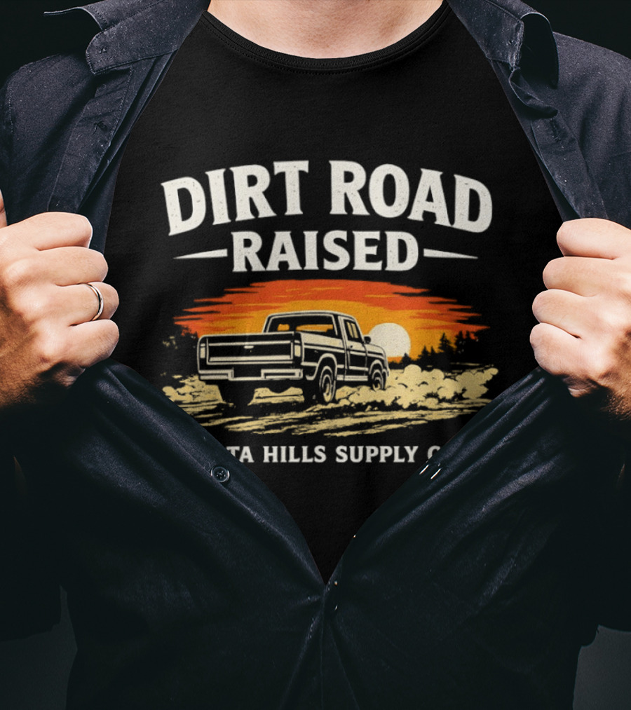 Dirt Road Raised Delta Hills Supply Co Vintage Pick Up Truck Sunset T-Shirt