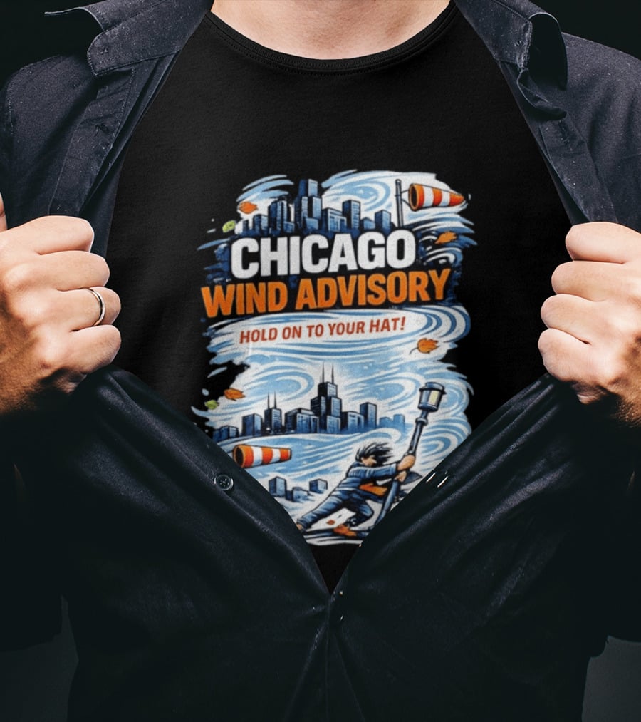 Chicago Wind Advisory Hold On To Your Hat Cityscape And Skyline Scene T-Shirt
