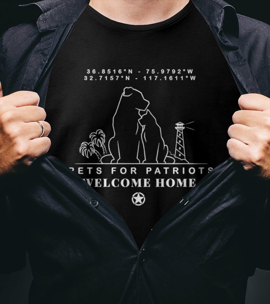 Pets For Patriots Welcome Home Dogs Silhouette With Coordinates And Lighthouse T-Shirt