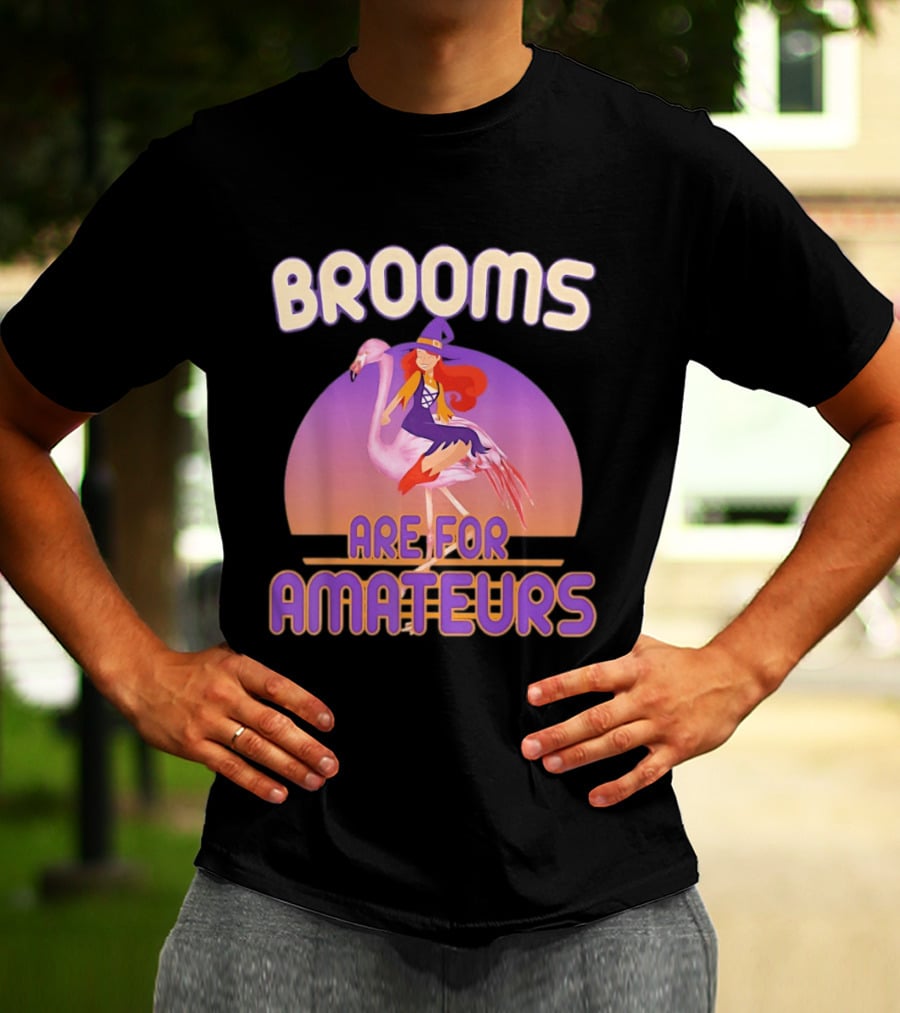 Brooms Are For Amateurs Witch Riding Flamingo T-Shirt