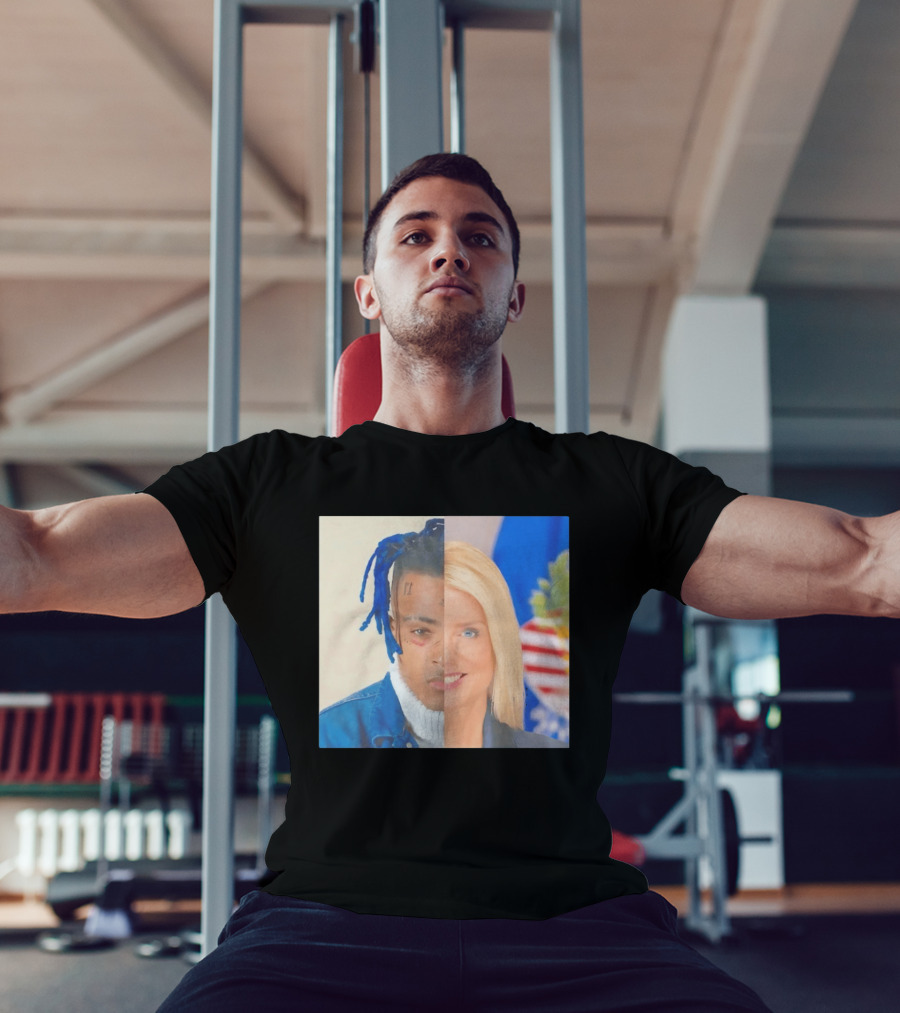 XXXTentacion Pam Bondi Split Image Face Half Blue Dreads Tattoos American Flag T-Shirt