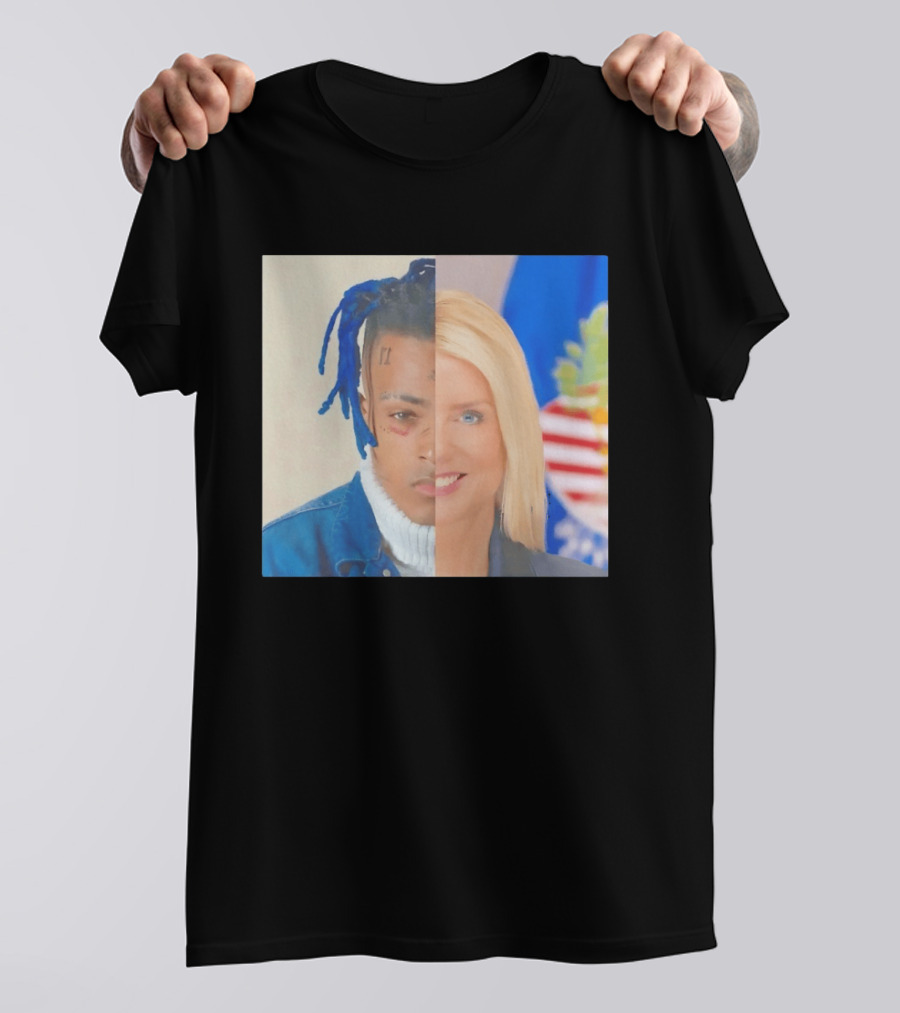 XXXTentacion Pam Bondi Split Image Face Half Blue Dreads Tattoos American Flag T-Shirt