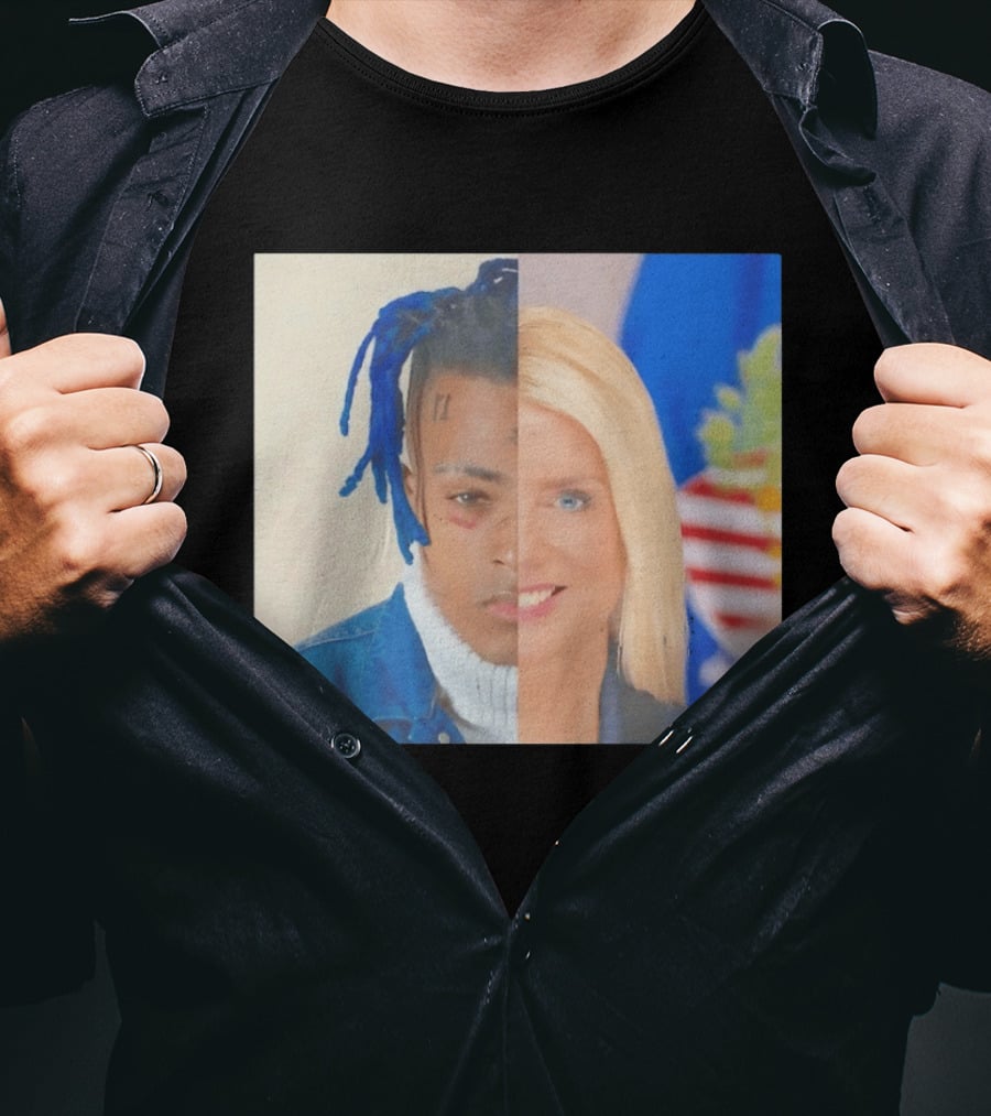 XXXTentacion Pam Bondi Split Image Face Half Blue Dreads Tattoos American Flag T-Shirt