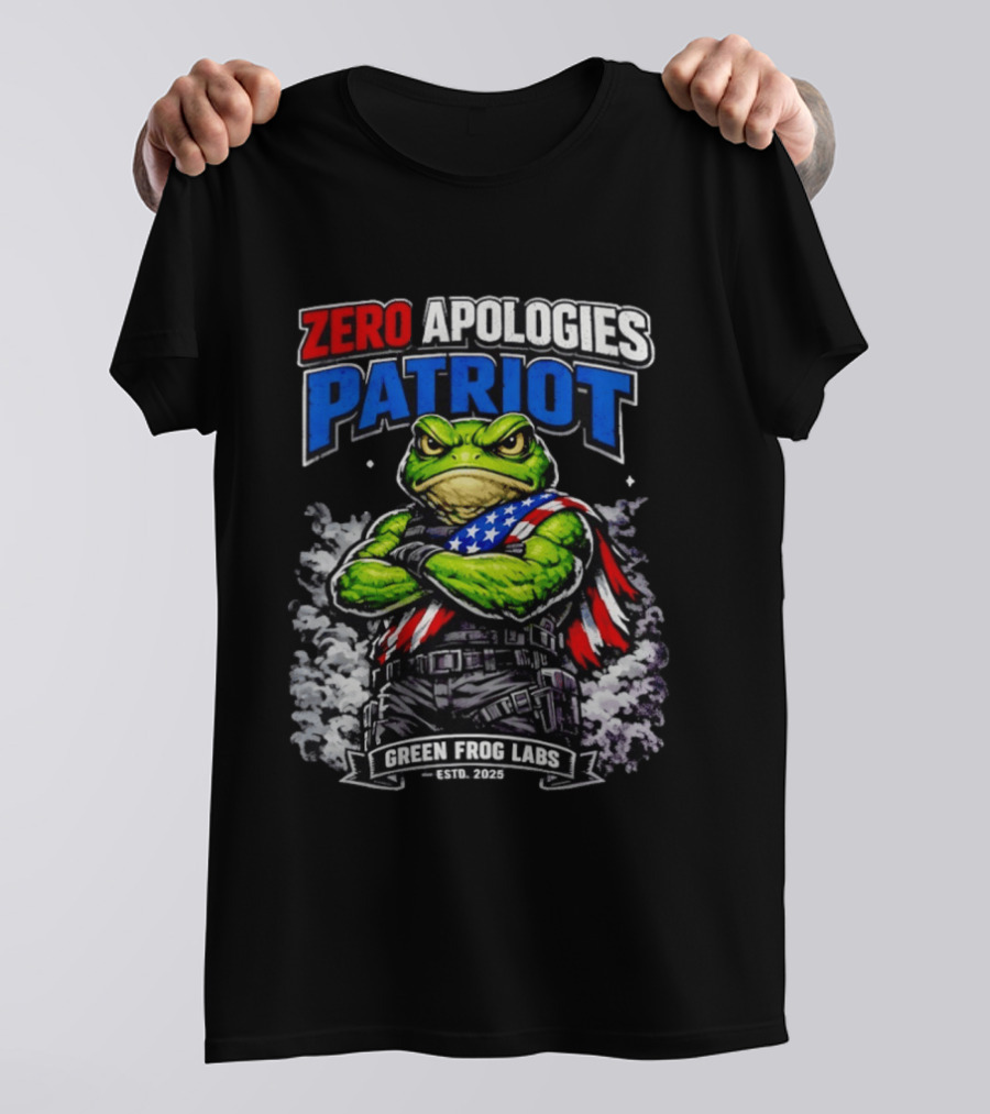 Zero Apologies Patriot Green Frog Labs Estd 2025 American Flag Frog T-Shirt
