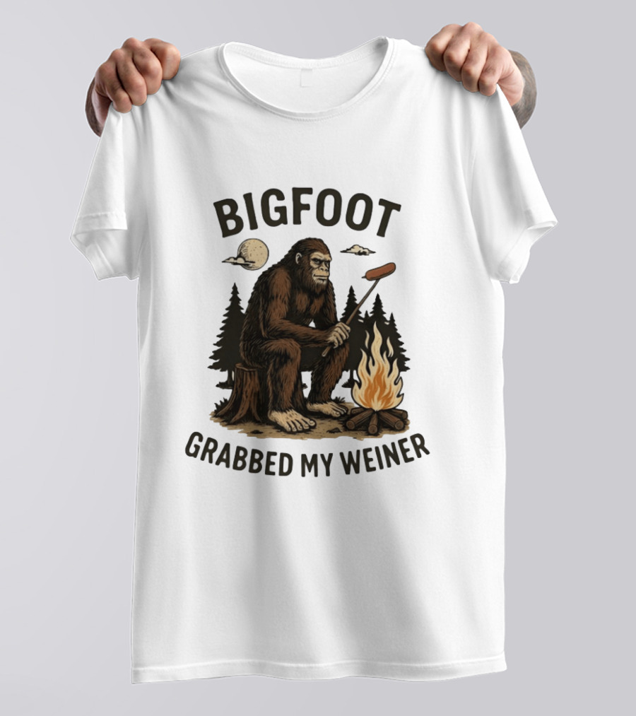 Bigfoot Grabbing My Weiner Campfire Sausage Grilling Moonlit Forest T-Shirt