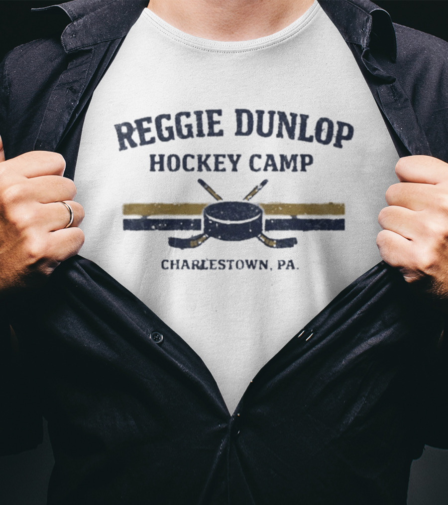 Reggie Dunlop Hockey Camp Charlestown PA Vintage Hockey Sticks And Puck T-Shirt