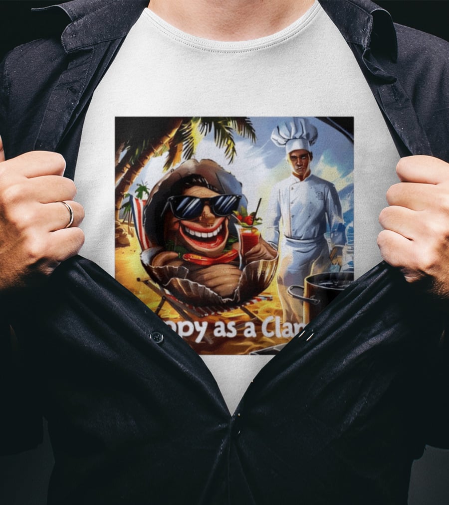 Happy As A Clam Beach Cartoon Chef Cooking Vacation Vibes T-Shirt