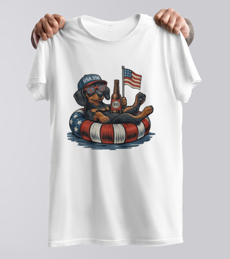 USA 250 Dachshund Floating With American Flag And Beer T-Shirt