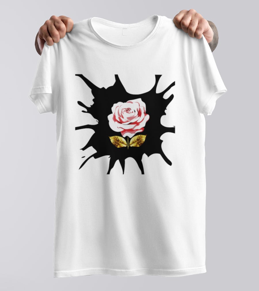 Elegant Pink Flower On Dark Splatter With Golden Leaves T-Shirt