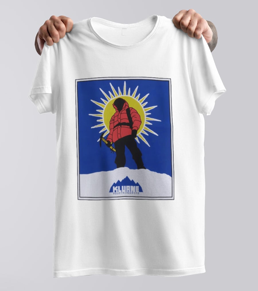 Kluane Mountaineering Hiker In Red Parka With Sunburst And Ice Axe T-Shirt
