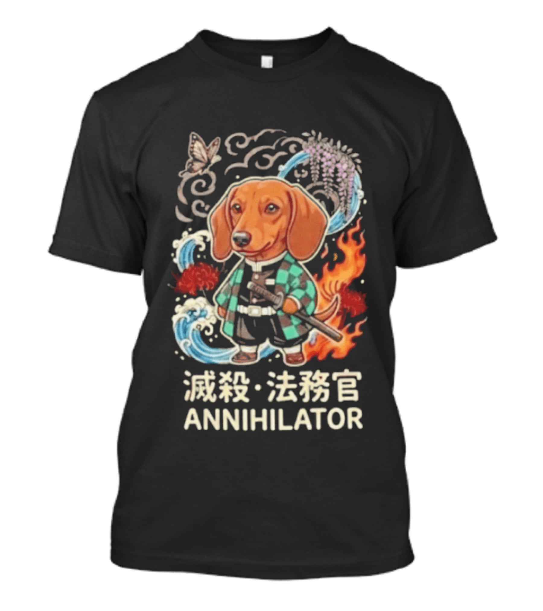 Annihilator Dachshund Kimono Kanji Flame Water Sword Butterfly T-Shirt