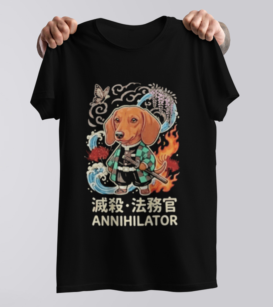 Annihilator Dachshund Kimono Kanji Flame Water Sword Butterfly T-Shirt