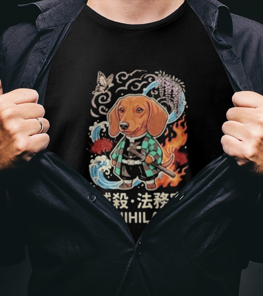 Annihilator Dachshund Kimono Kanji Flame Water Sword Butterfly T-Shirt