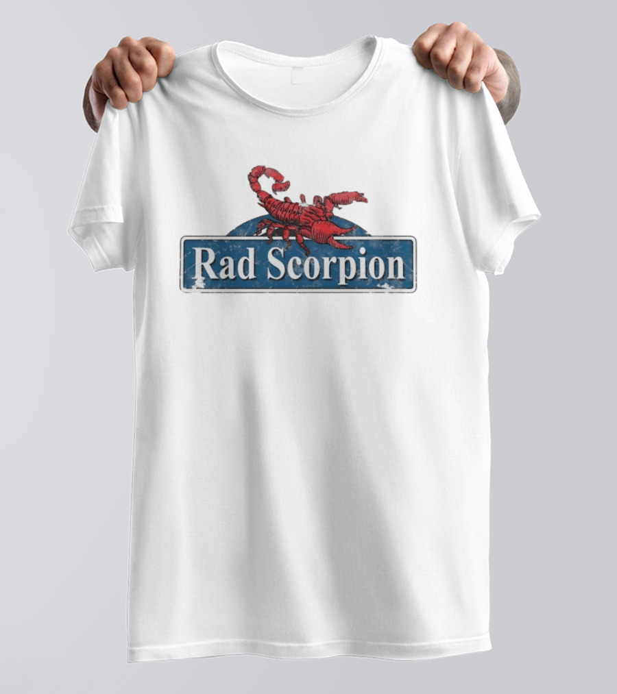 Rad Scorpion Retro Style Distressed Blue Street Sign With Red Scorpion T-Shirt