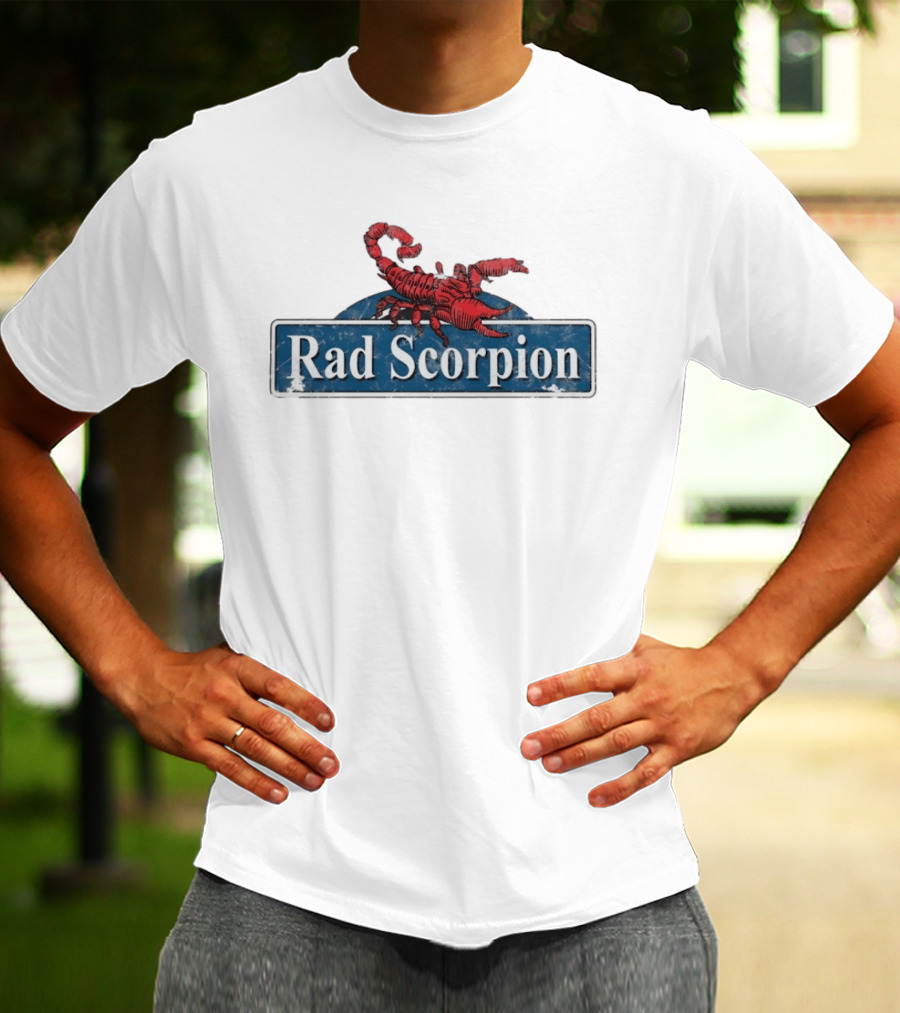 Rad Scorpion Retro Style Distressed Blue Street Sign With Red Scorpion T-Shirt