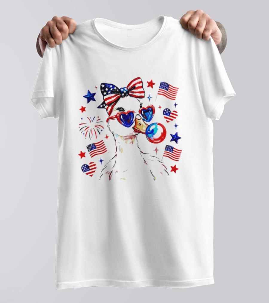 Preppy Patriotic Goose Coquette Fourth Of July With Stars And Stripes Sunglasses And Bow Tie T-Shirt