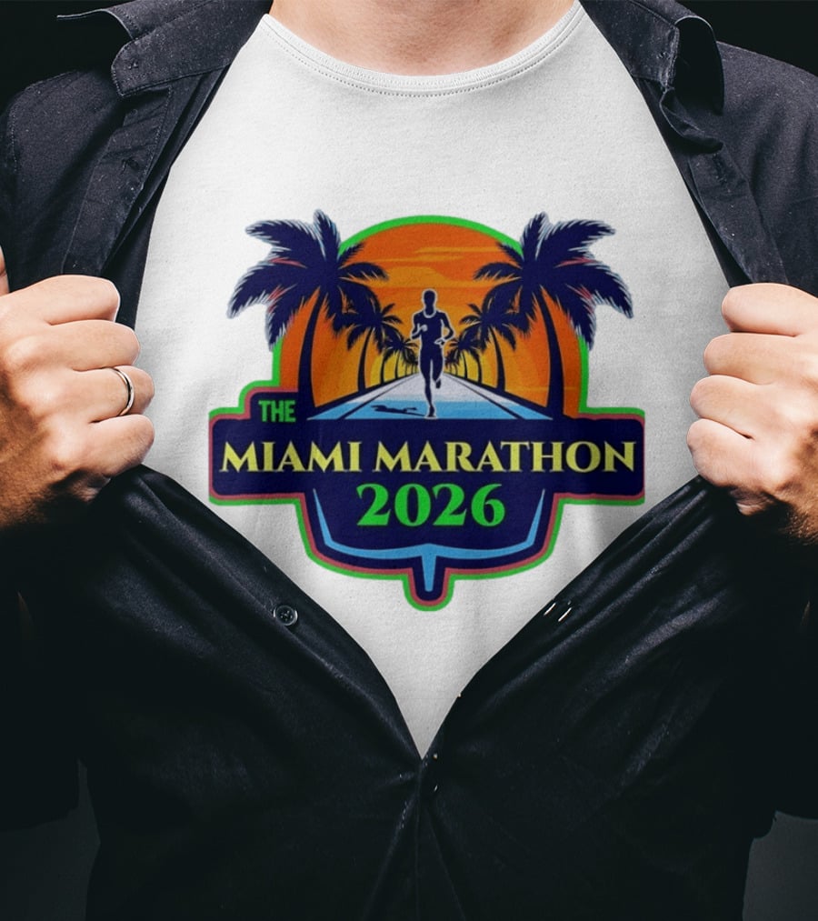 The Miami Marathon 2026 Palm Trees Sunset Runner T-Shirt