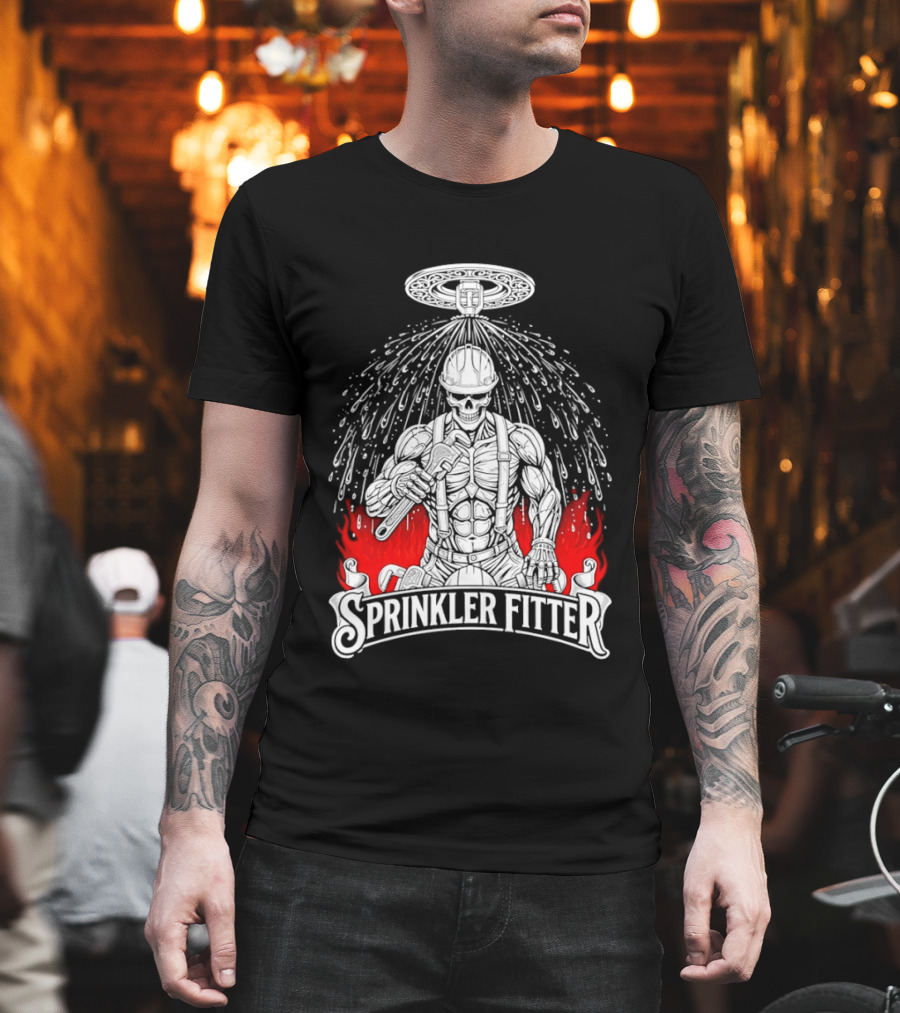 Skeleton Sprinkler Fitter With Fiery T-Shirt