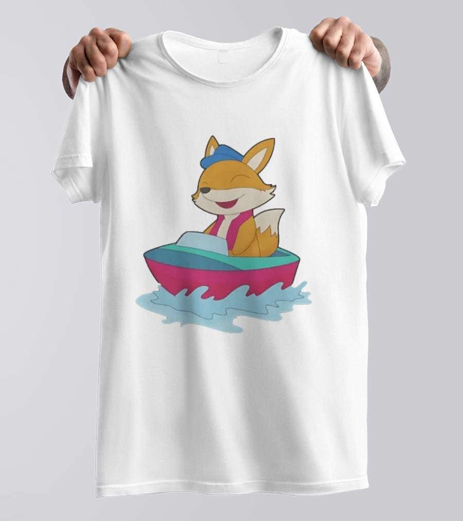 Cheerful Fox Sailing In Colorful Boat With Blue Hat And Pink Life Vest T-Shirt