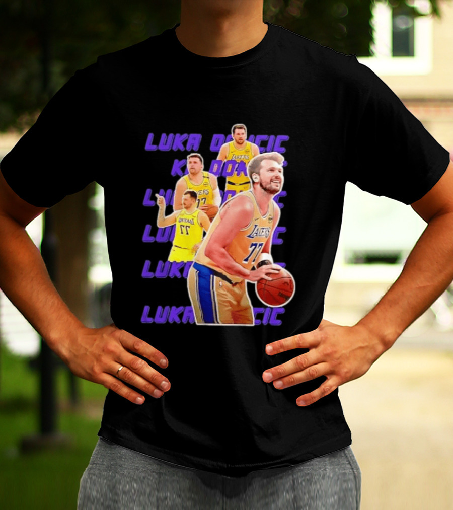 Luka Doncic Lakers 77 Action Shot Multiple Pose Purple Basketball Display T-Shirt