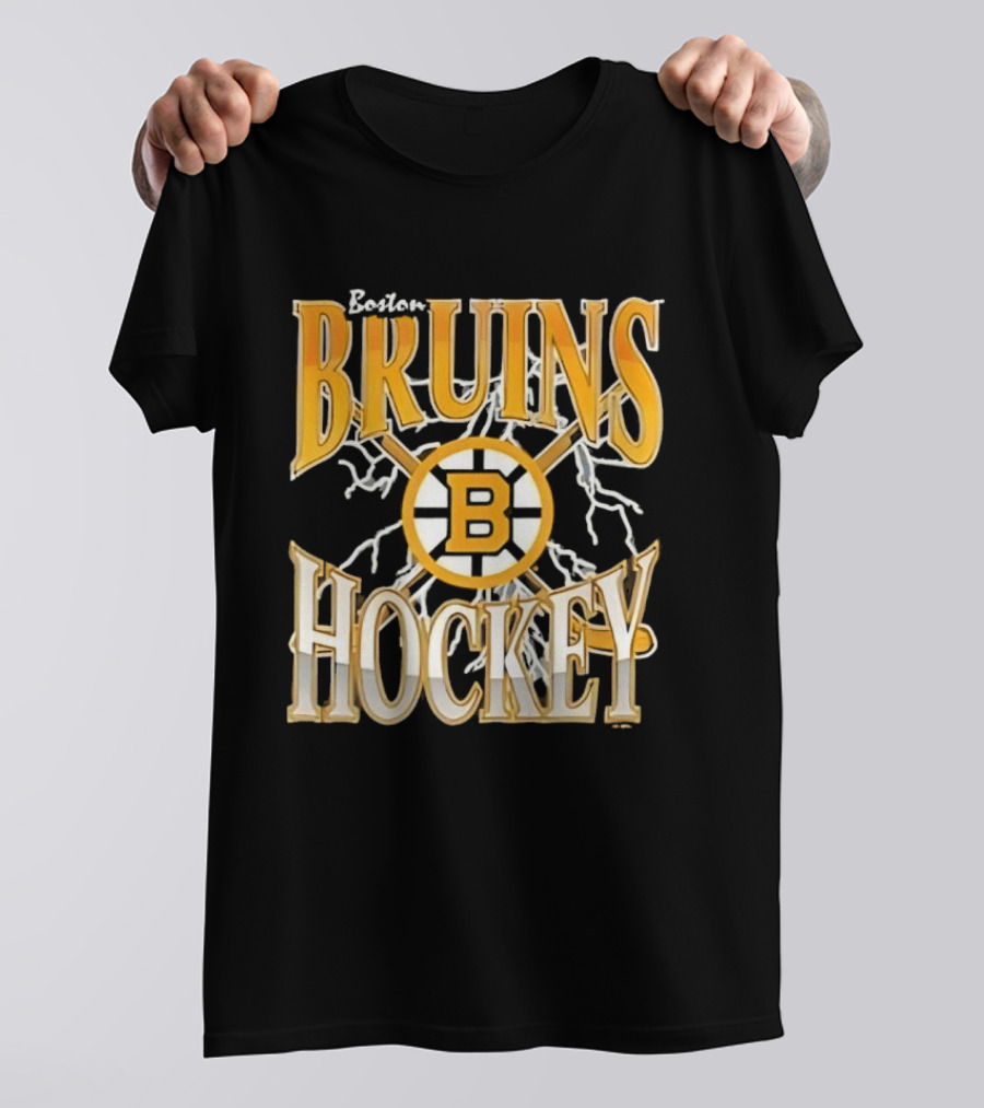 Boston Bruins Hockey B Logo Crossed Sticks Lightning T-Shirt