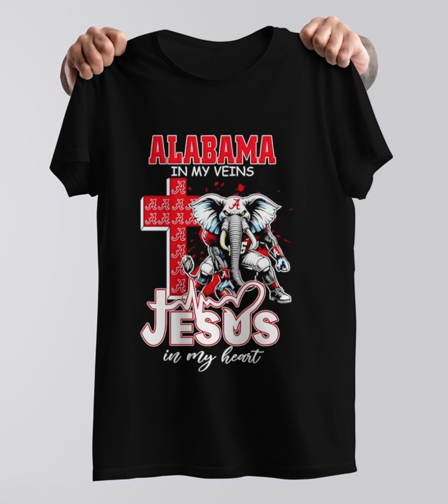 Alabama Crimson Tide In My Veins Jesus In My Heart Elephant Cross T-Shirt
