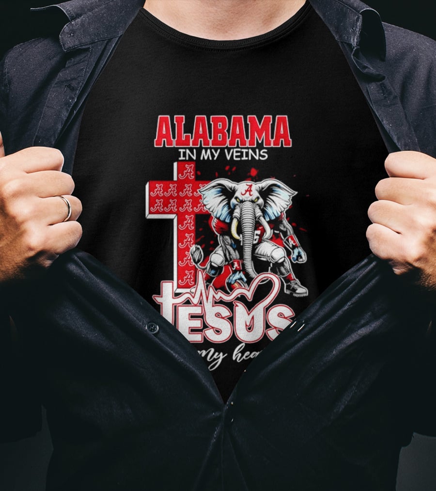 Alabama Crimson Tide In My Veins Jesus In My Heart Elephant Cross T-Shirt