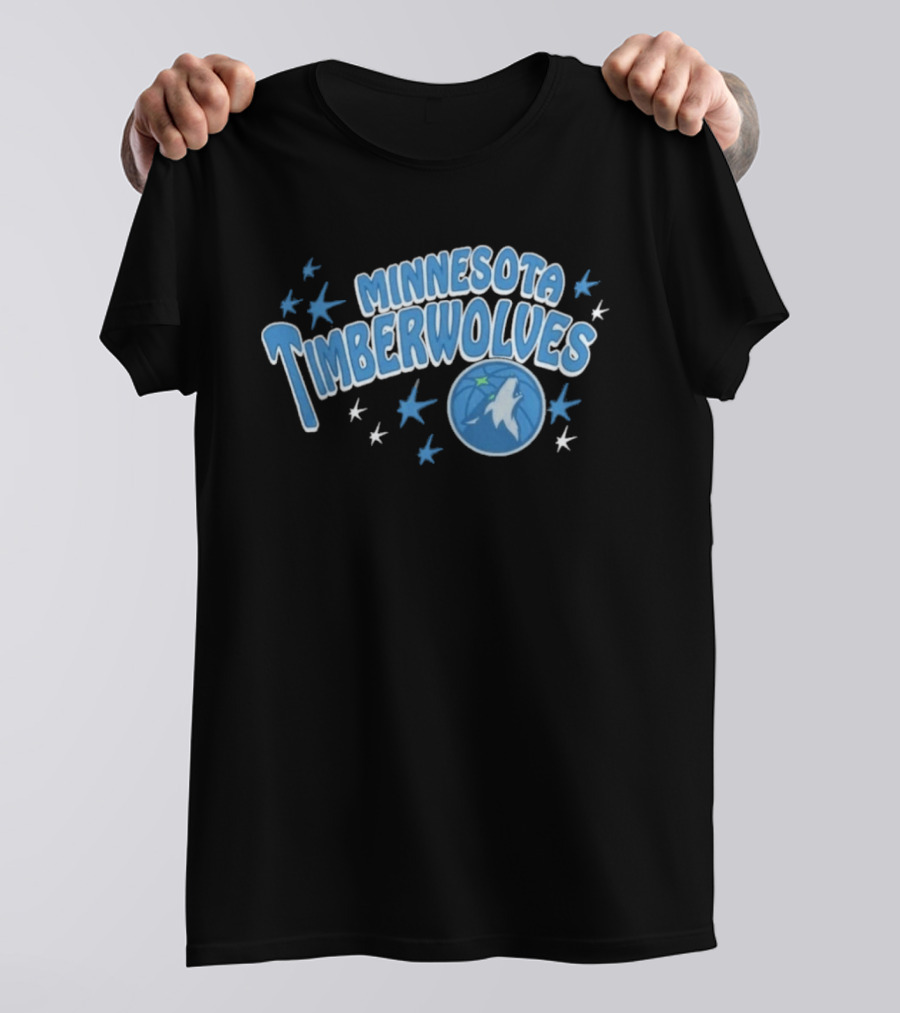 Minnesota Timberwolves Starter Black Fireworks Starry Blue Basketball Wolf T-Shirt
