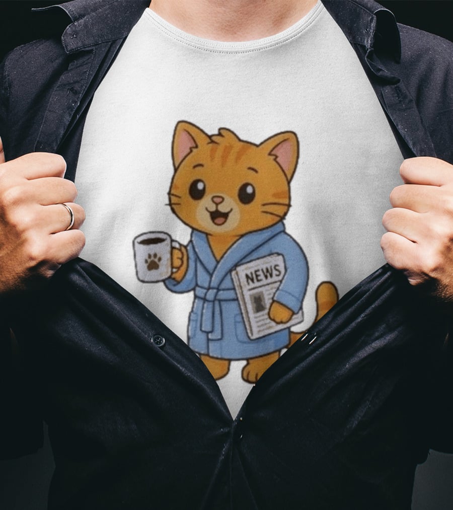 Cat In Bathrobe With Coffee And Newspaper T-Shirt