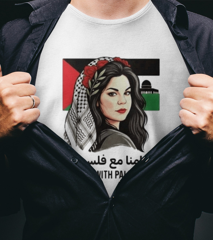 Stand With Palestine Women تضامنًا مع فلسطين Iconic Figure With Traditional Scarf And Flag T-Shirt