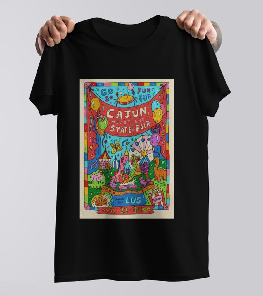 Cajun Heartland State Fair 2026 Go Go Fun May 22 31 LUS Popcorn Dinosaur T-Shirt