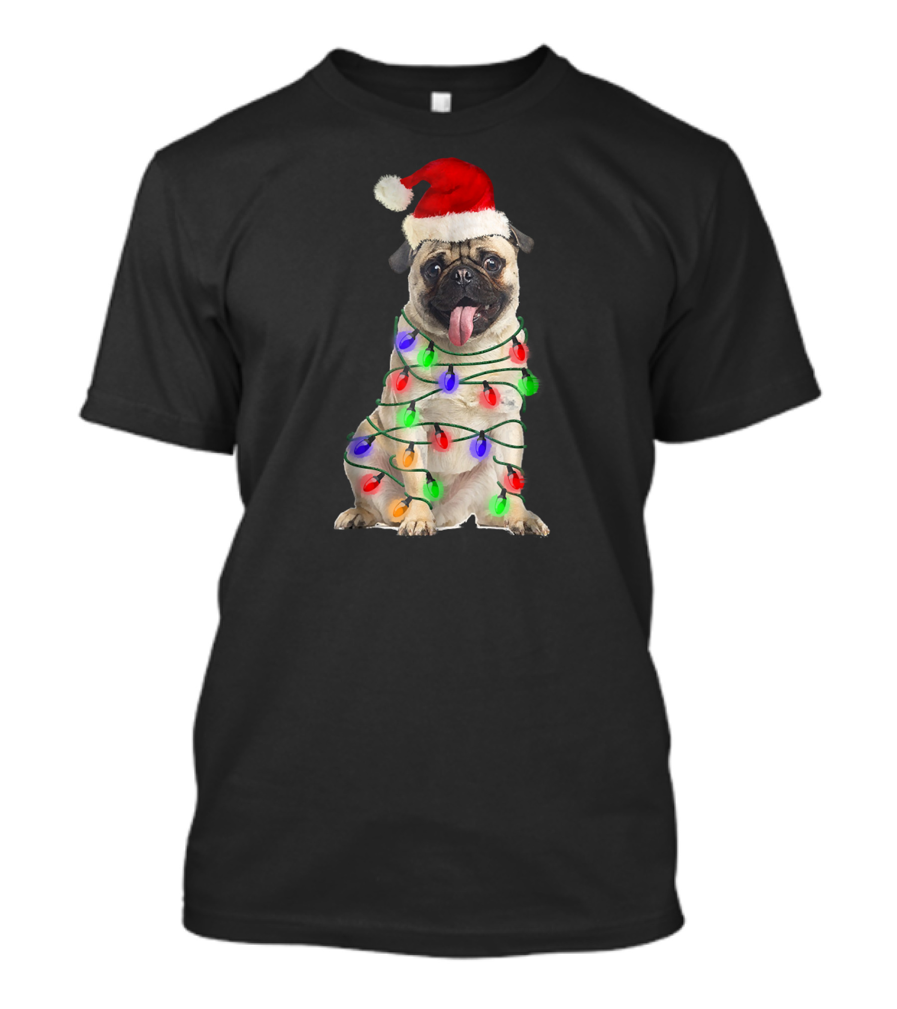 Christmas Pug Wrapped In Festive Lights Wearing Santa Hat T-Shirt