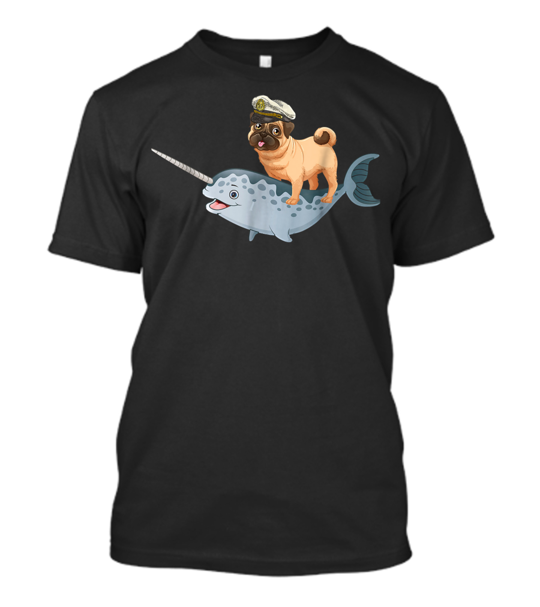 Captain Pug On Narwhal Funny Pug Adventure T-Shirt