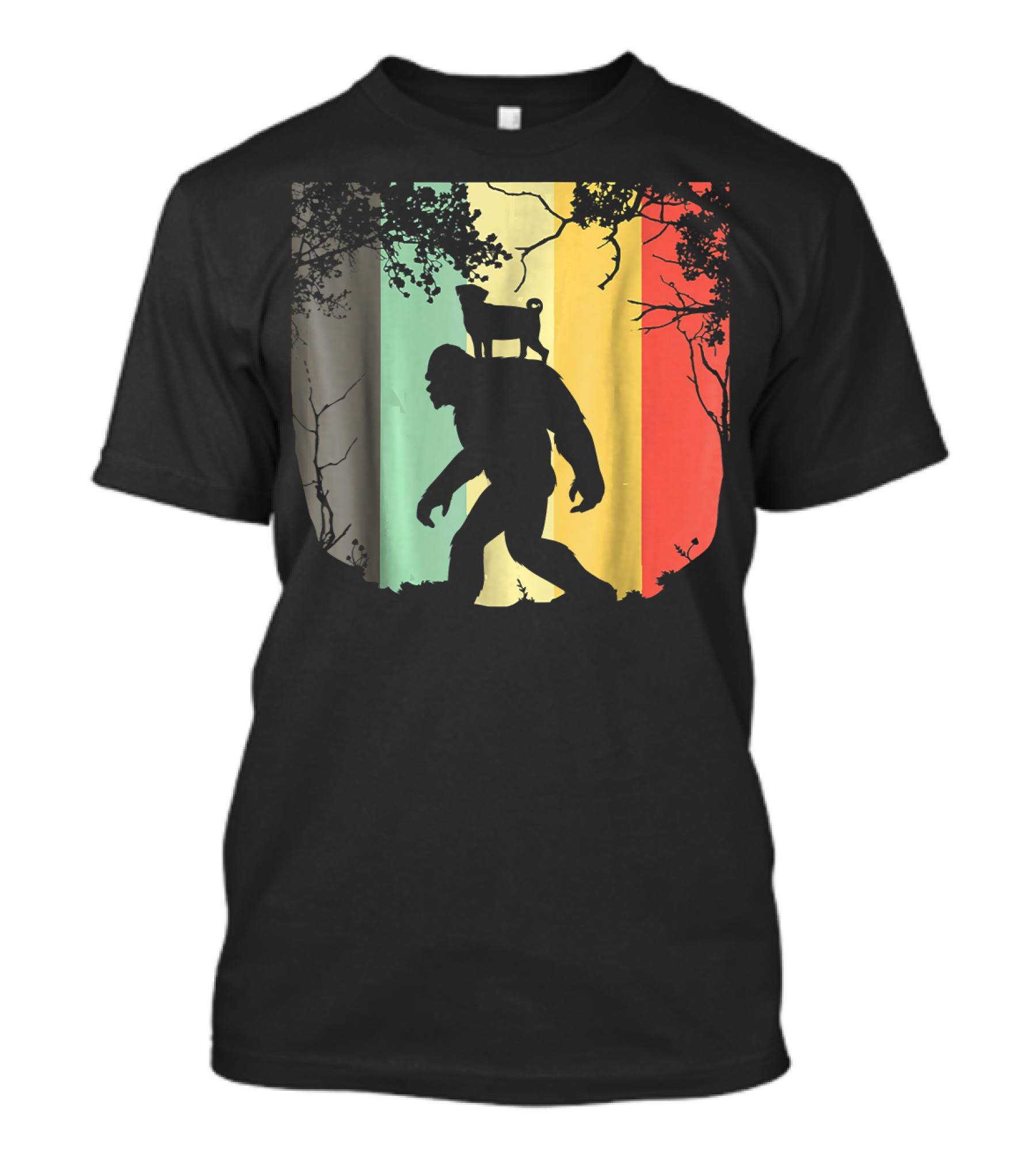 Pug Riding Bigfoot Vintage Retro Sunset Stripes T-Shirt