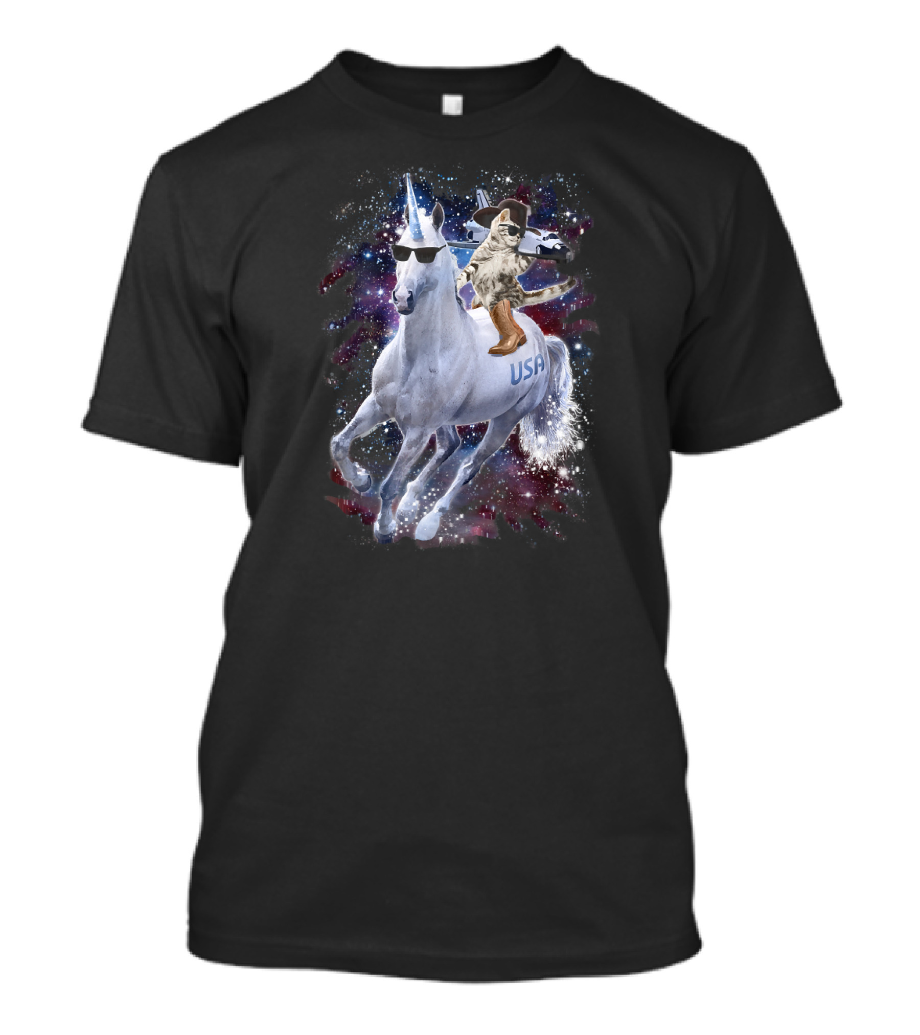 USA Space Cowboy Cat Riding Sunglasses Unicorn In Galaxy T-Shirt