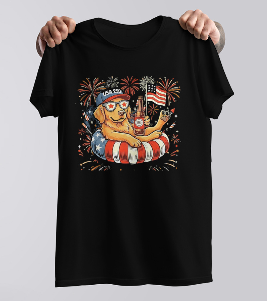 Golden Retriever Beer USA 250 Fireworks American Flag 4th Of July T-Shirt