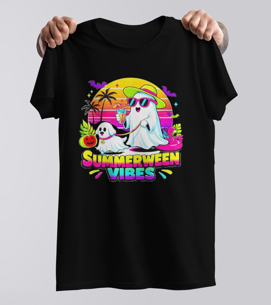 Summerween Vibes Ghost Walking Dog Retro Sunset Tropical Beach Party T-Shirt