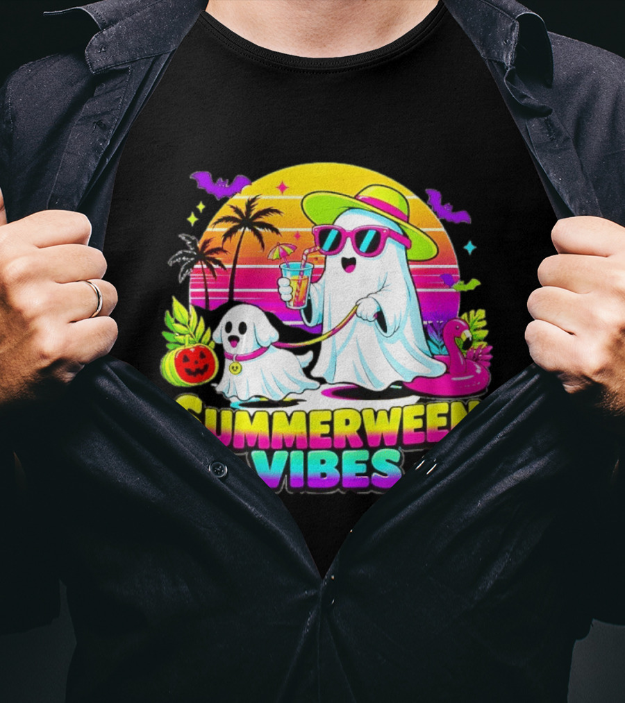 Summerween Vibes Ghost Walking Dog Retro Sunset Tropical Beach Party T-Shirt