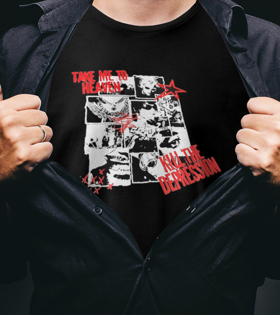Take Me To Heaven Kill The Depression Kurt Cobain Nirvana Punk Rock Concert Collage T-Shirt