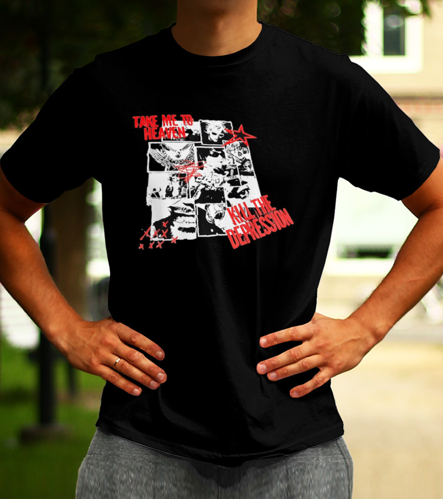 Take Me To Heaven Kill The Depression Kurt Cobain Nirvana Punk Rock Concert Collage T-Shirt