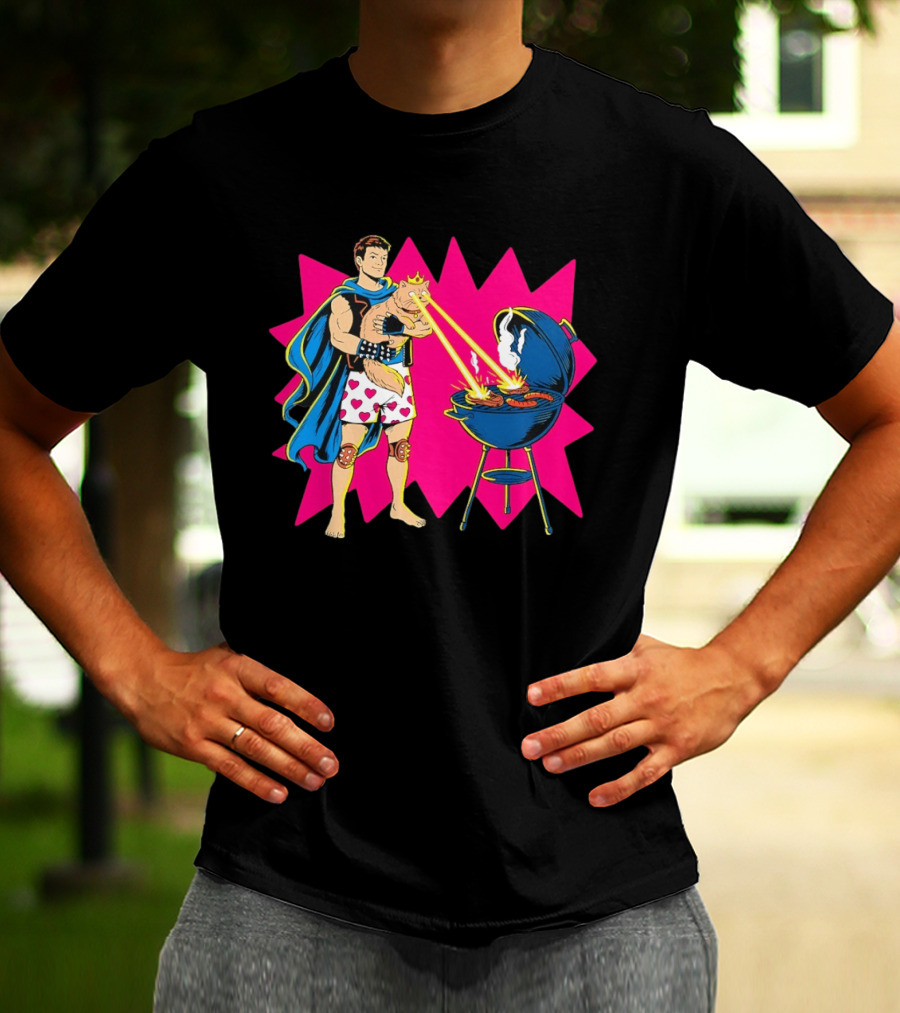 Superhero Cape Heart Shorts Laser Cat BBQ In Action T-Shirt